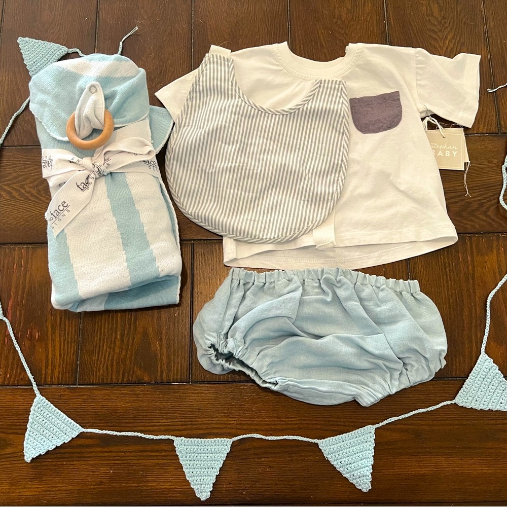 BlueGray Baby Boy Shirt,Bloomers,Garland,Blanket/SecurityBlanket,BrandNew,6-12mo